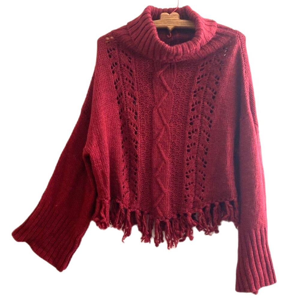 Vintage Angie Women's Sz L Sweater Pullover Long Sleeve Red Fringe Cowl Neck Y2K
